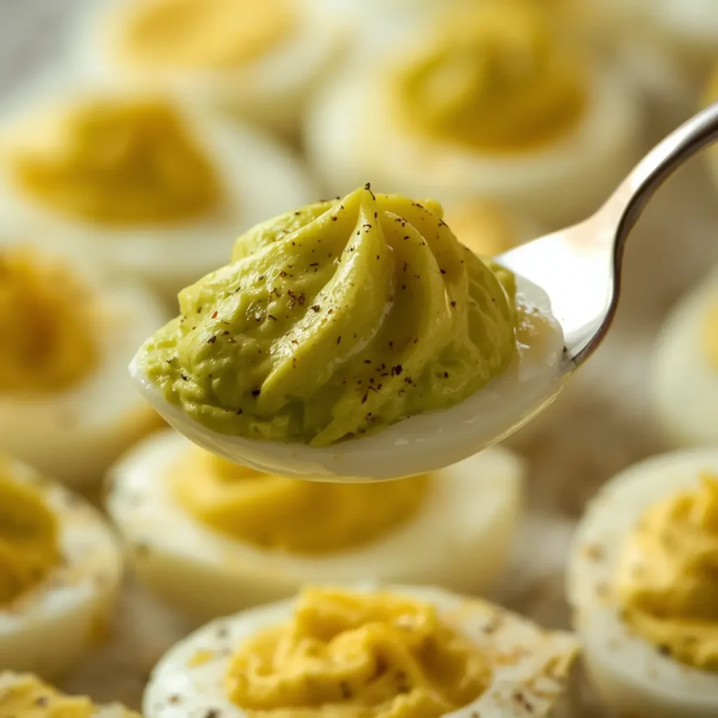 avocado deviled eggs: Creamy avocado deviled eggs in minutes, bright green filling in white egg halves, perfect snack.