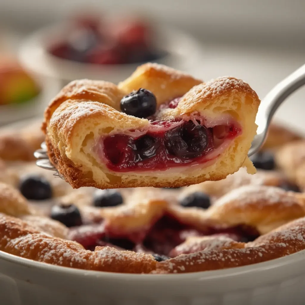 berry-croissant-bake: Berry Croissant Breakfast Bake in a dish with fresh berries and golden crust