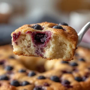blueberry-buttermilk-pancake-casserole-weekend: Sliced golden blueberry buttermilk pancake casserole showing fluffy texture and juicy blueberry pockets