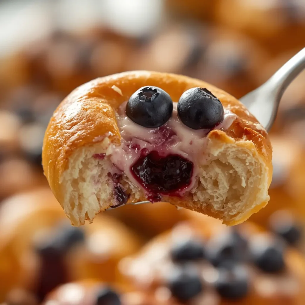 blueberry cream brioche buns: Golden baked brioche buns topped with creamy blueberry cream cheese and fresh blueberries.