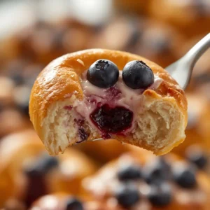 blueberry cream brioche buns: Golden baked brioche buns topped with creamy blueberry cream cheese and fresh blueberries.