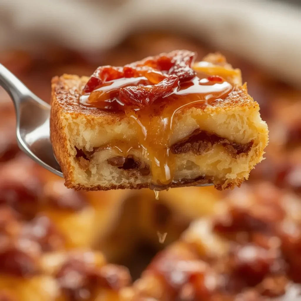 bourbon maple bacon toast: Golden bourbon maple bacon stuffed toast slices with syrup drizzle, crispy bacon bits visible inside.