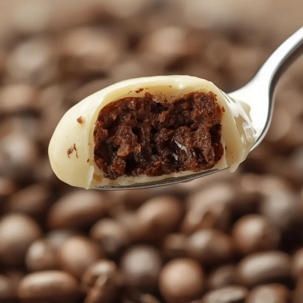 café noir bonbons recipe: Café noir bonbons recipe: creamy white chocolate coated coffee beans on a tray.