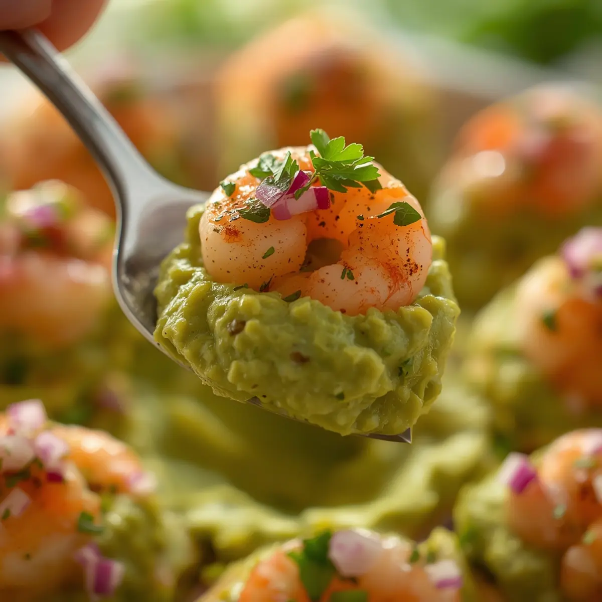 cajun guacamole shrimp cups: Cajun Guacamole Shrimp Cups with creamy green guacamole and spicy pink shrimp, topped with cilantro.