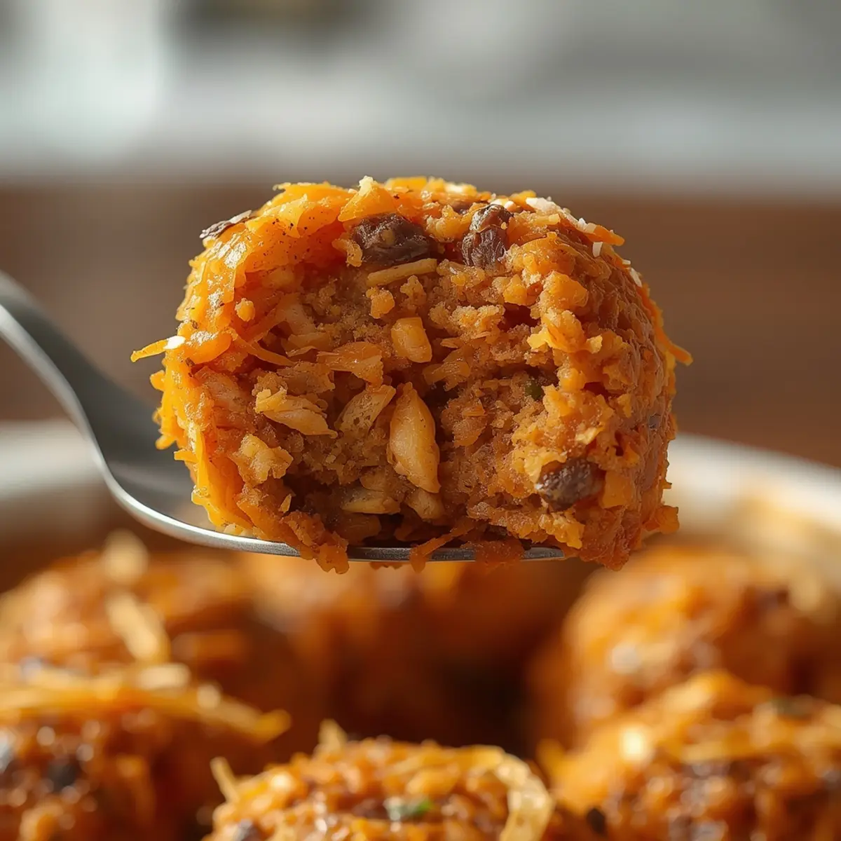 carrot-cake-energy-balls: Homemade carrot cake energy balls with shredded carrots and walnuts on a rustic surface