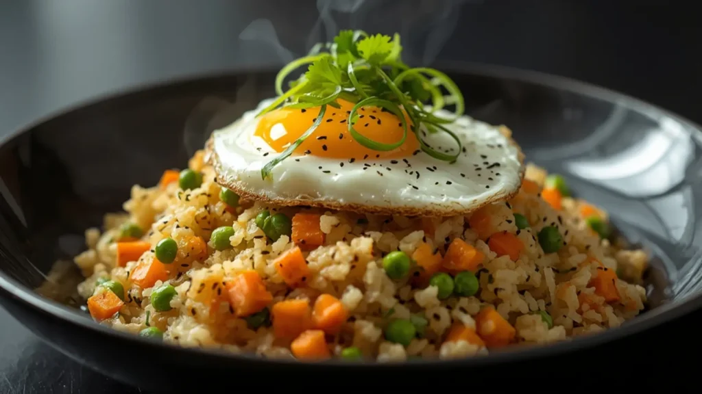Cauliflower Fried Rice: Golden Cauliflower Fried Rice in a skillet with green onions and sesame seeds.