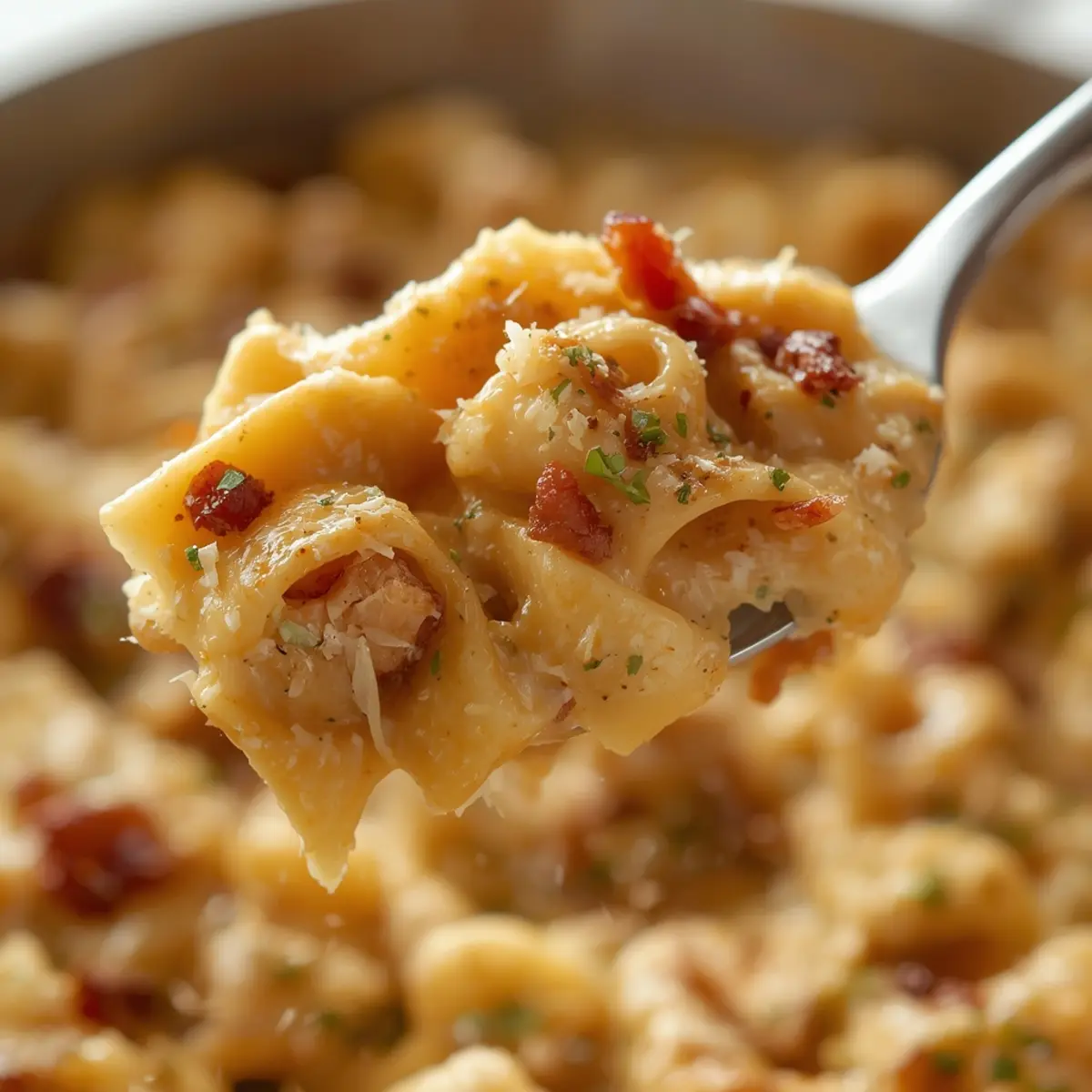 chicken bacon ranch pasta: Creamy Chicken Bacon Ranch Pasta in a skillet with bacon and chicken pieces visible