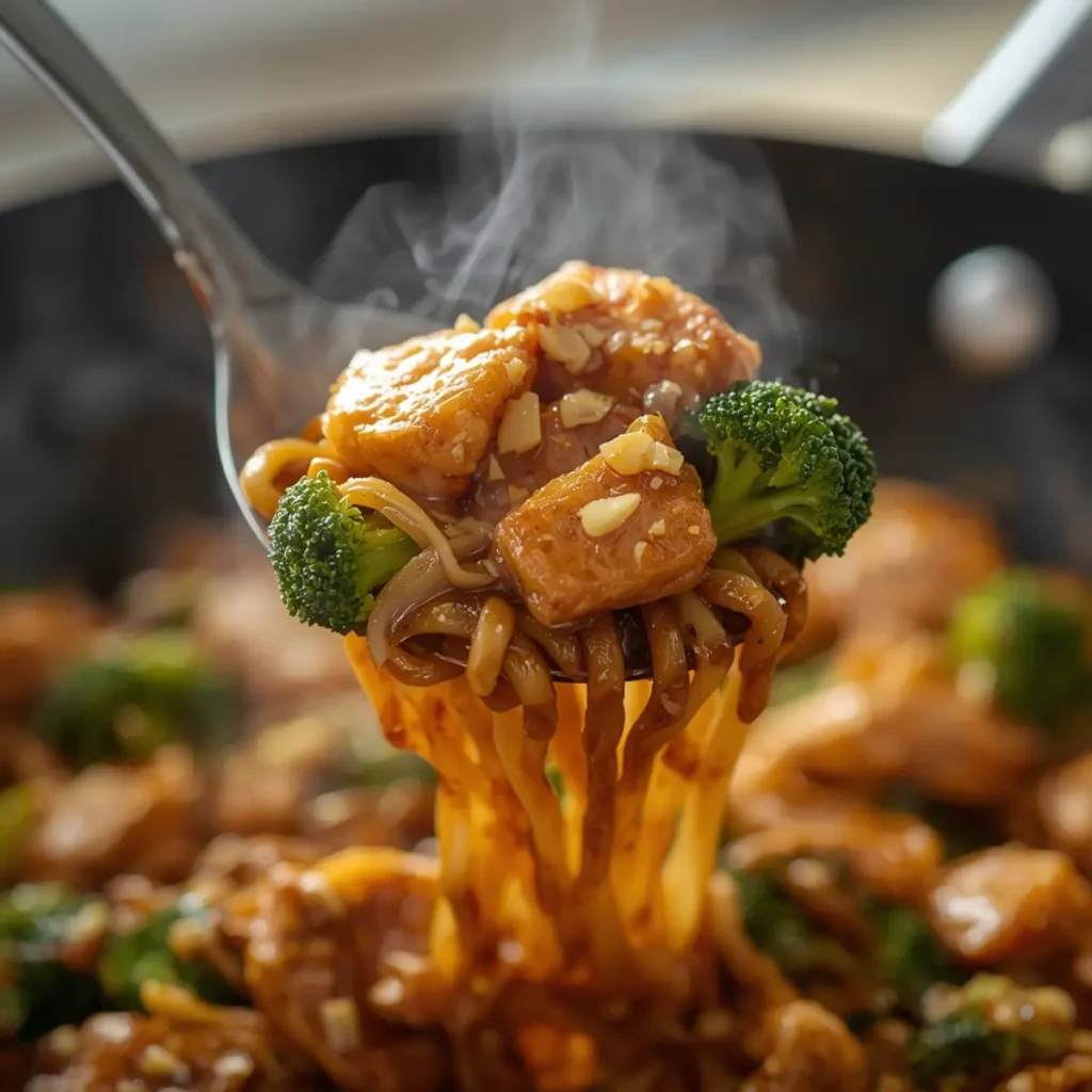 chicken ramen stir fry: Chicken Ramen Stir Fry with golden chicken and green vegetables in a savory sauce