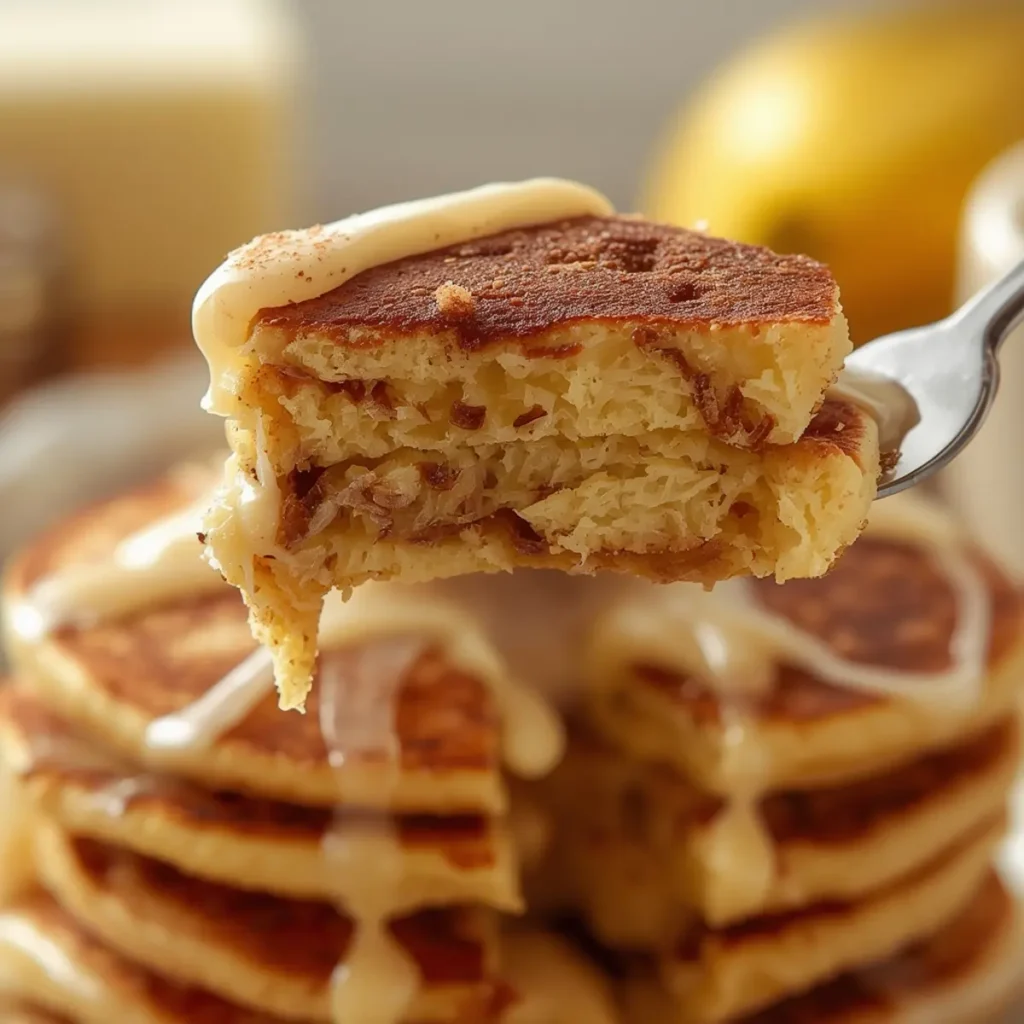 cinnamon-roll-pancakes-treat: Fluffy golden cinnamon roll pancakes stacked high with a rich cream cheese glaze dripping down the sides, showing visible cinnamon swirls.