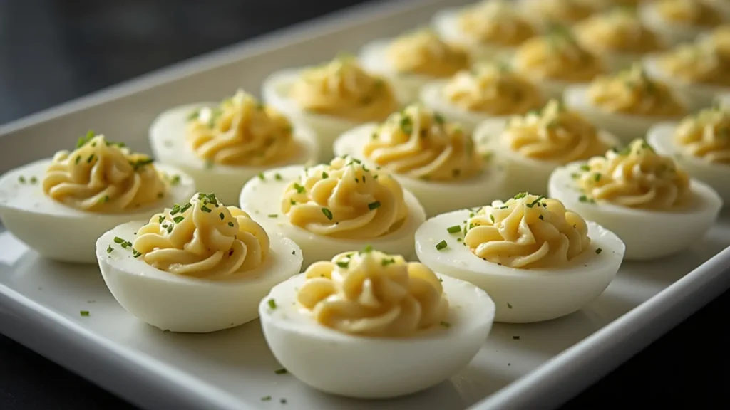Deviled Eggs with Chives: Healthy Deviled Eggs with Chives garnished with fresh herbs on a platter.