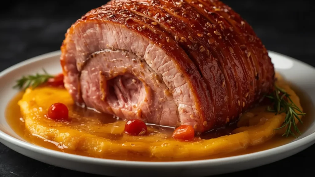 Easter Ham: Juicy glazed Easter ham ready to serve for a Holiday & Seasonal feast.