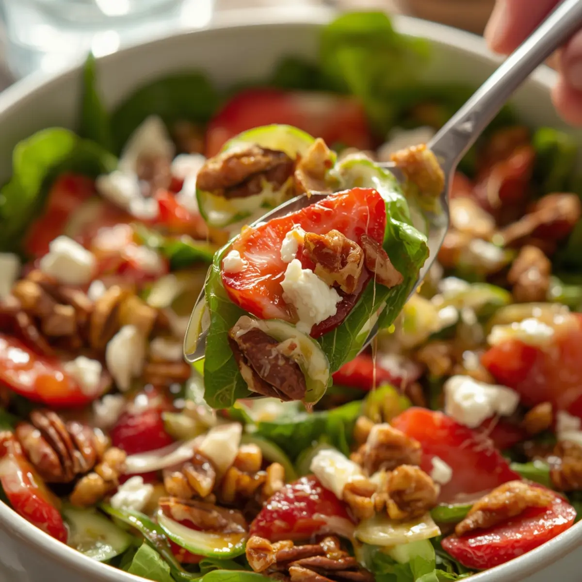 easter spring salad goat cheese: Fresh spring salad with goat cheese, strawberries, and cucumbers in a white bowl, featuring bright vibrant colors and textures.