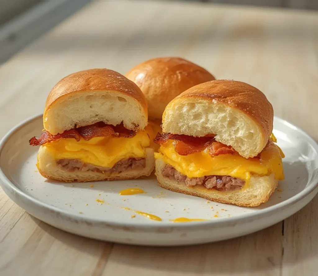 hawaiian roll breakfast sandwiches: : Tasty Hawaiian Roll Breakfast Sandwiches with cheesy eggs and bacon