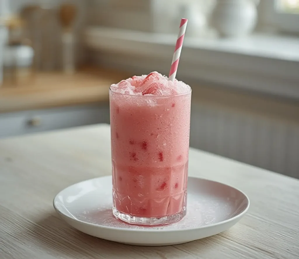 easy frozen strawberry lemonade: : A tall glass of pink frozen strawberry lemonade with a straw.