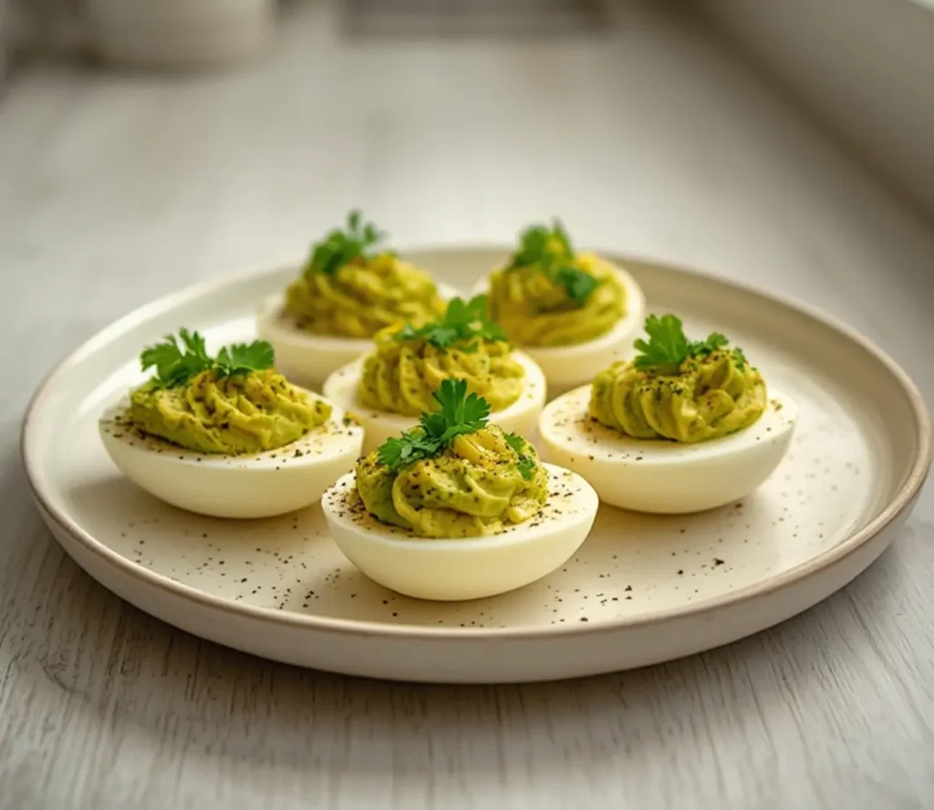 avocado deviled eggs: : Avocado deviled eggs on a platter ready to serve