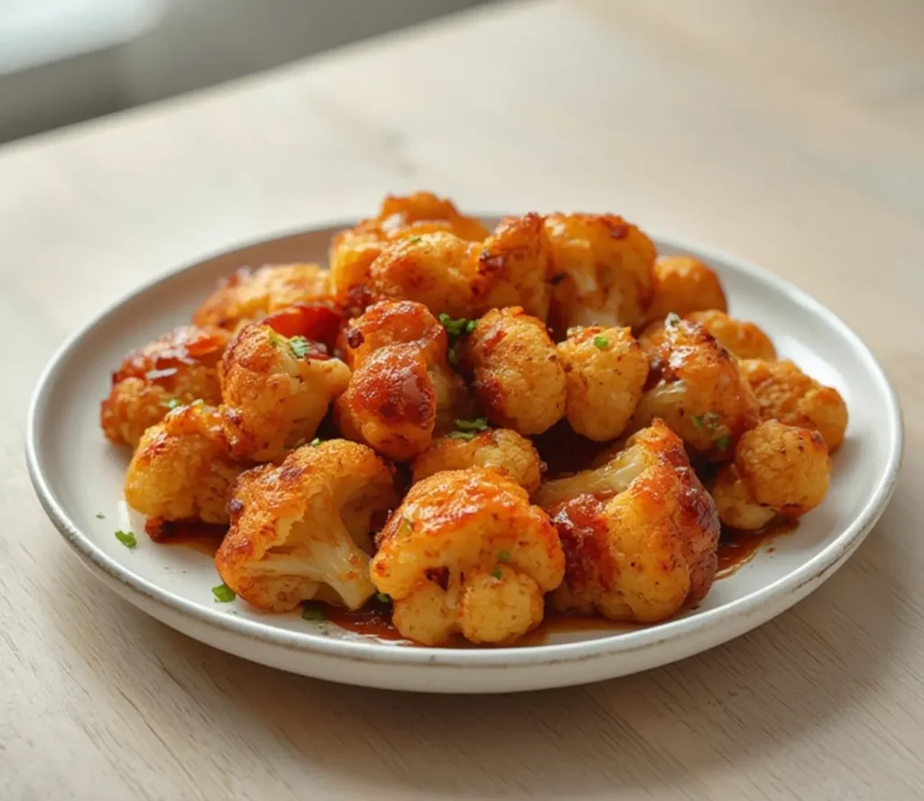 maple sriracha cauliflower: : Roasted maple sriracha cauliflower florets on a baking sheet with a glossy glaze