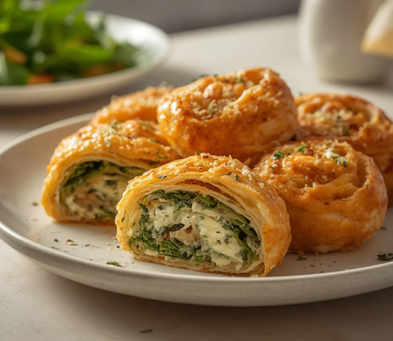 spinach feta mini rolls: : Golden flaky spinach feta mini rolls on a baking sheet