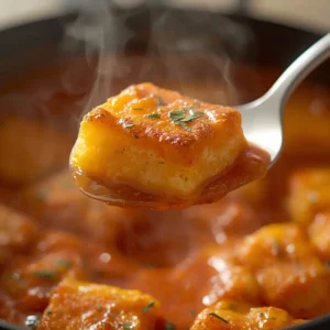 : Golden halloumi cubes in a rich, creamy orange tikka masala sauce, steamy and inviting.