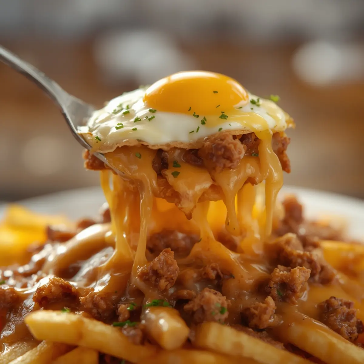 : Ultimate Breakfast Poutine with creamy Hollandaise sauce, cheese curds, and crispy fries