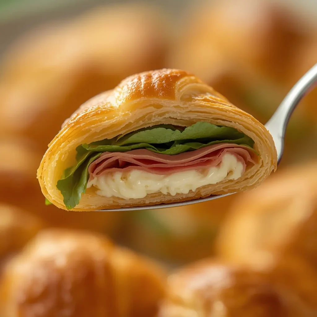: Mini croissant recipes with creamy chive cheese, peppery arugula, and thin prosciutto slices