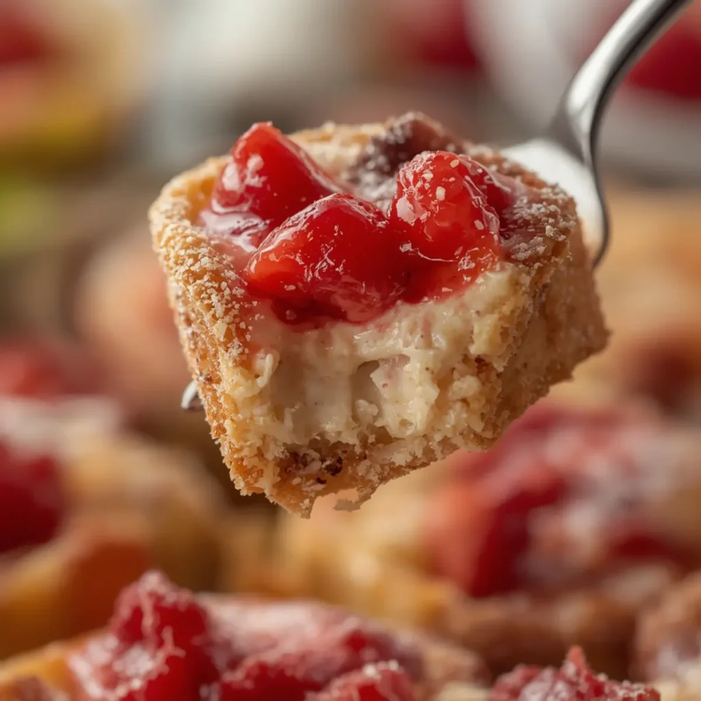 : Crispy cinnamon sugar dessert tacos overflowing with creamy cheesecake filling and fresh strawberry sauce topping