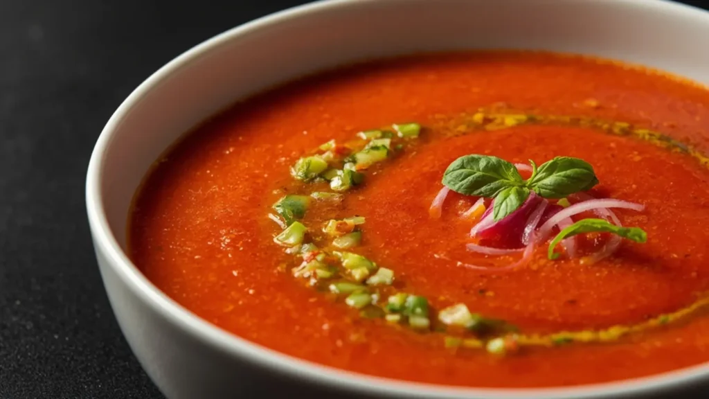 Gazpacho: Chilled Blender Gazpacho in a white bowl with fresh vegetable garnish.