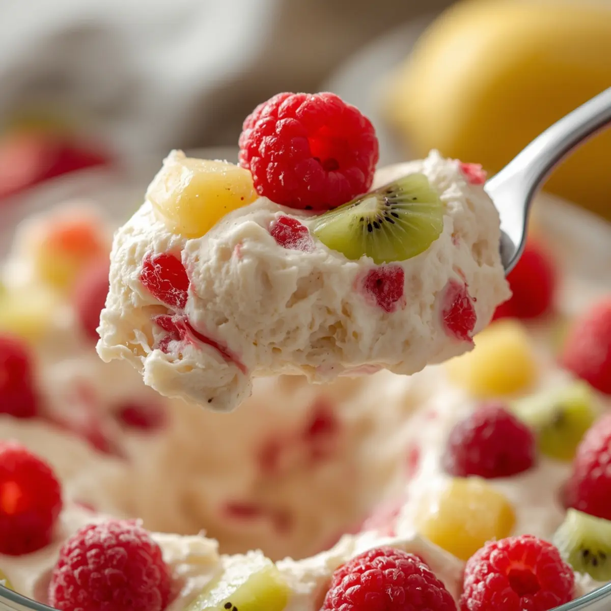 hawaiian-cheesecake-salad: Creamy Hawaiian cheesecake salad with fresh strawberries, kiwi, and pineapple in a bowl, a no bake dessert.