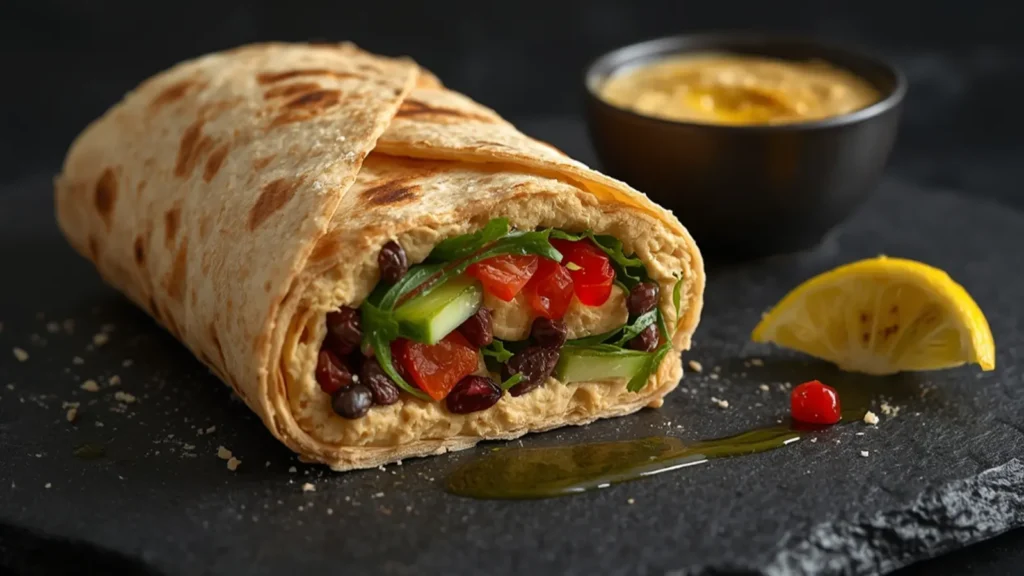 Hummus Wrap: Creamy hummus wrap with carrots and spinach on a wooden board.