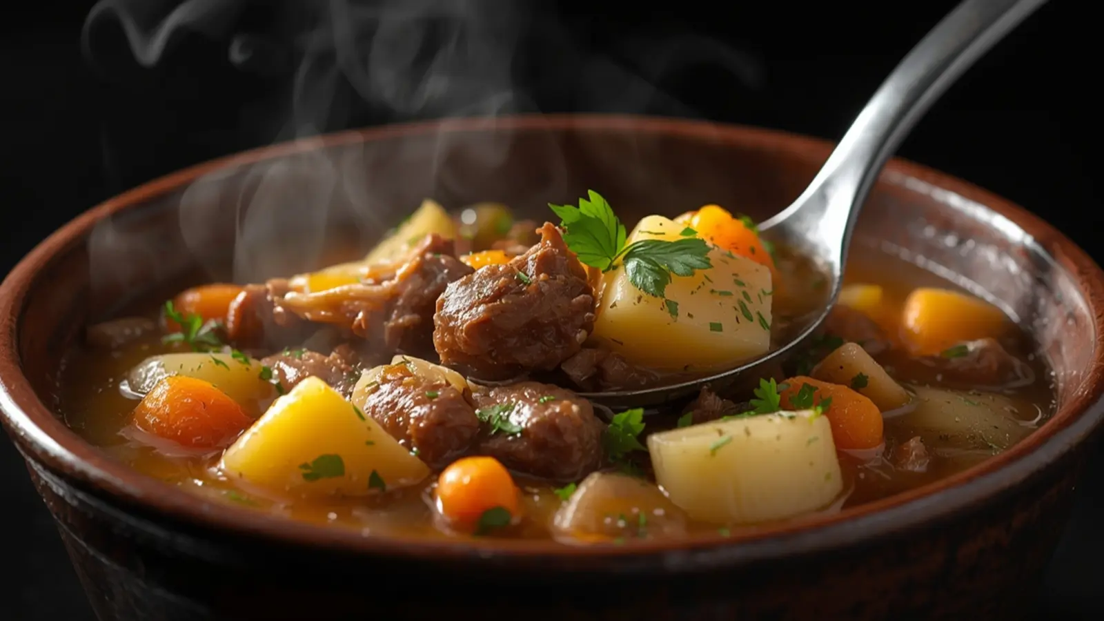 Irish Stew: Healthy rustic Irish Stew with lean lamb and root vegetables in a Dutch oven.