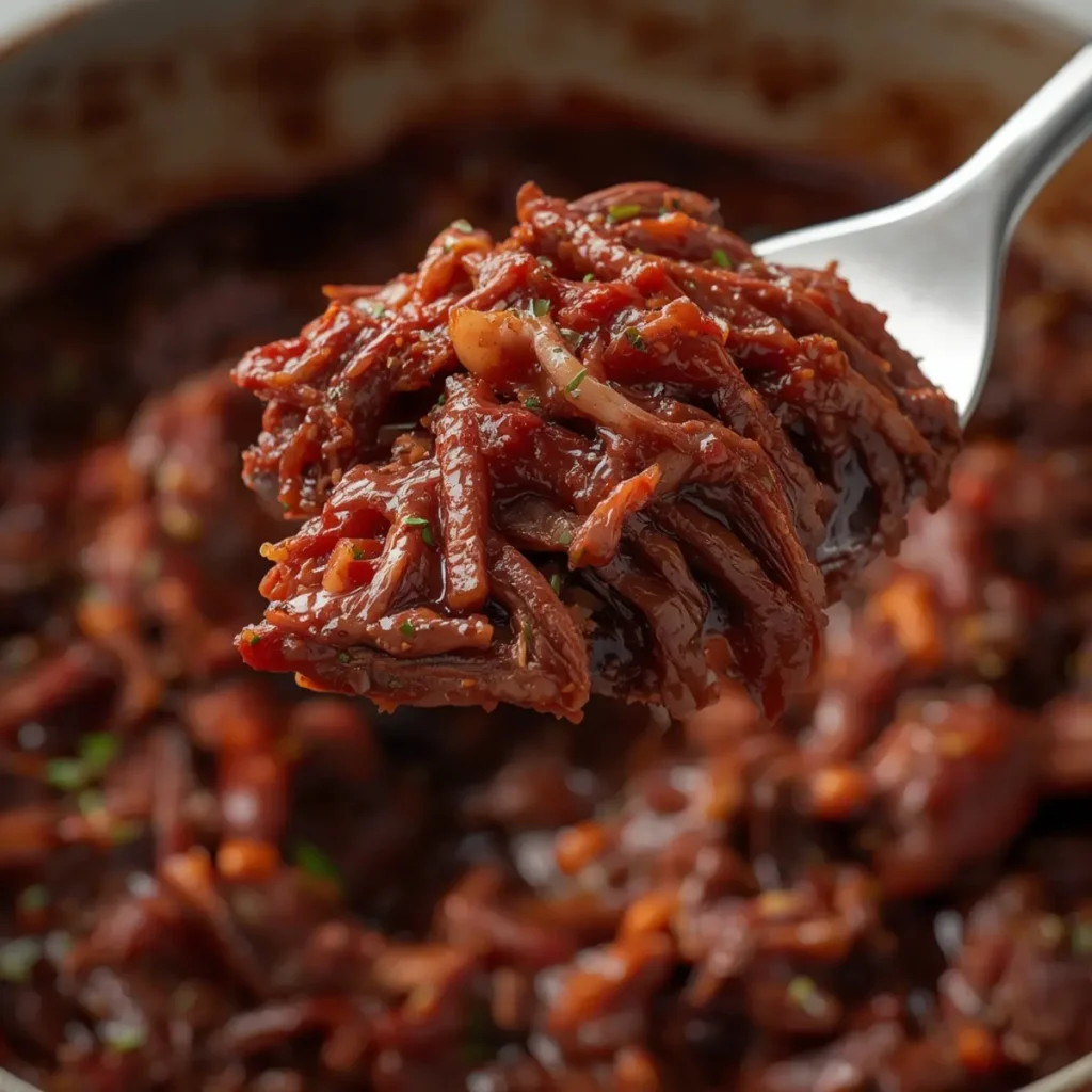 Italian Pot Roast Recipe Straccato 1 italian pot roast recipe: Shredded Italian pot roast Straccato in rich red sauce, tender beef strands glistening with herbs.