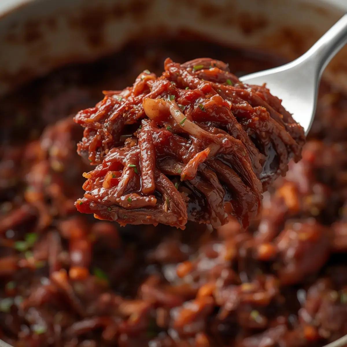 italian pot roast recipe: Shredded Italian pot roast Straccato in rich red sauce, tender beef strands glistening with herbs.