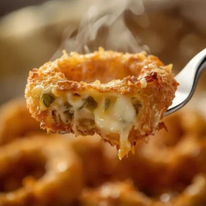 jalapeño-popper-stuffed-onion-rings: Crispy golden fried jalapeño popper stuffed onion rings with creamy cheese and green pepper pieces.