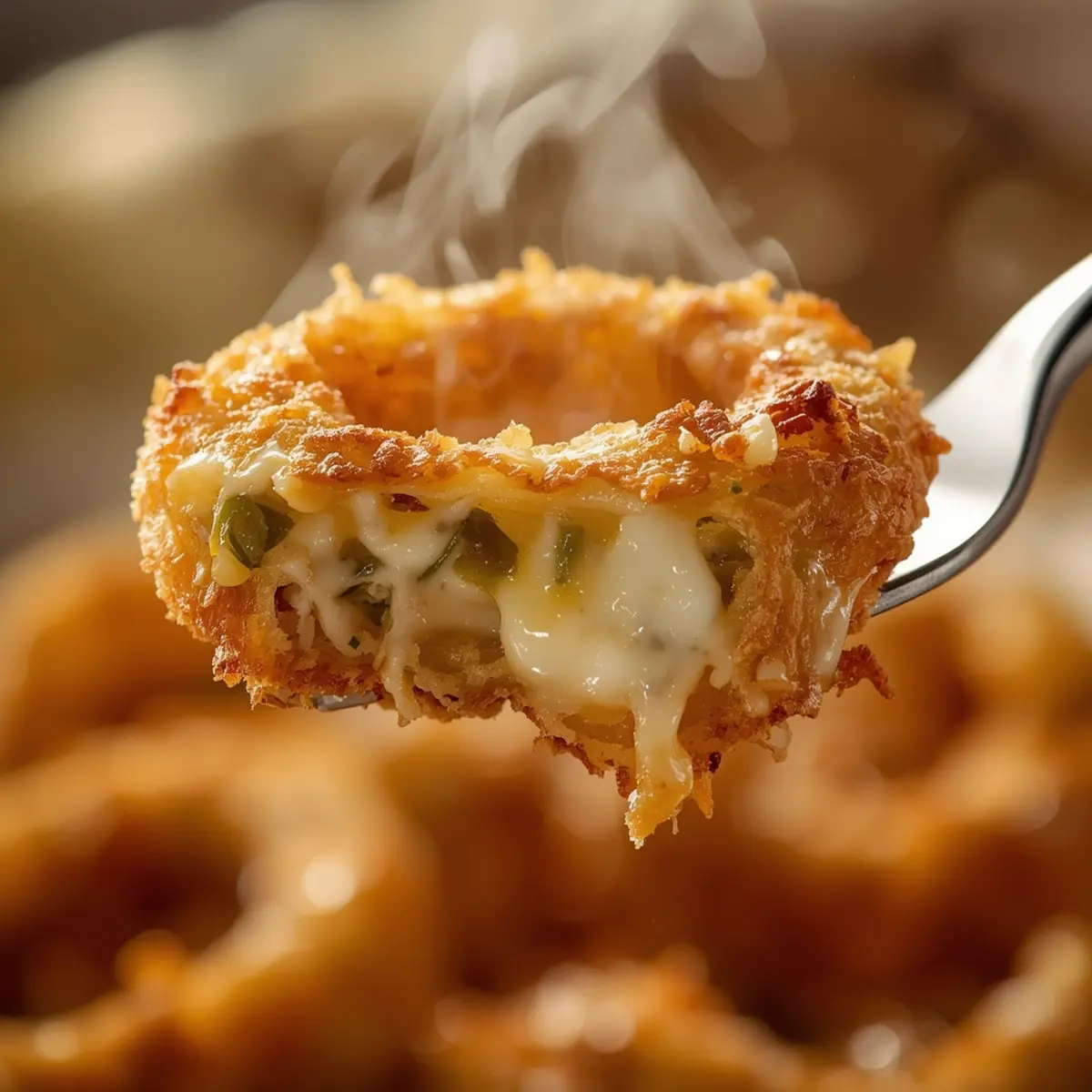 jalapeño-popper-stuffed-onion-rings: Crispy golden fried jalapeño popper stuffed onion rings with creamy cheese and green pepper pieces.