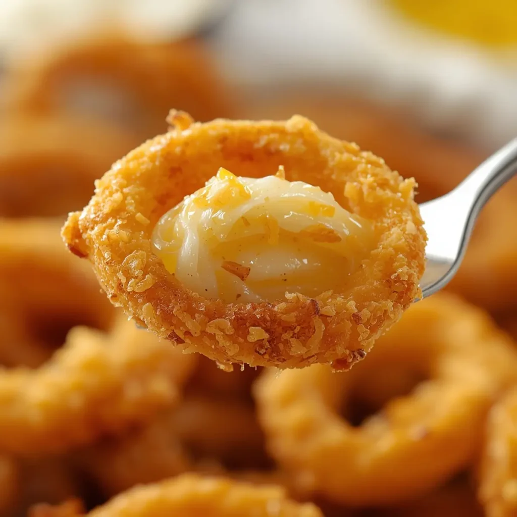 keto onion rings: Crispy baked keto onion rings on a wire rack with a golden parmesan crust.