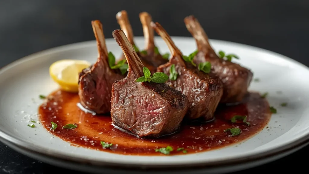 Lamb Chops with Mint: Juicy gluten-free lamb chops with fresh mint garnish on a festive table.