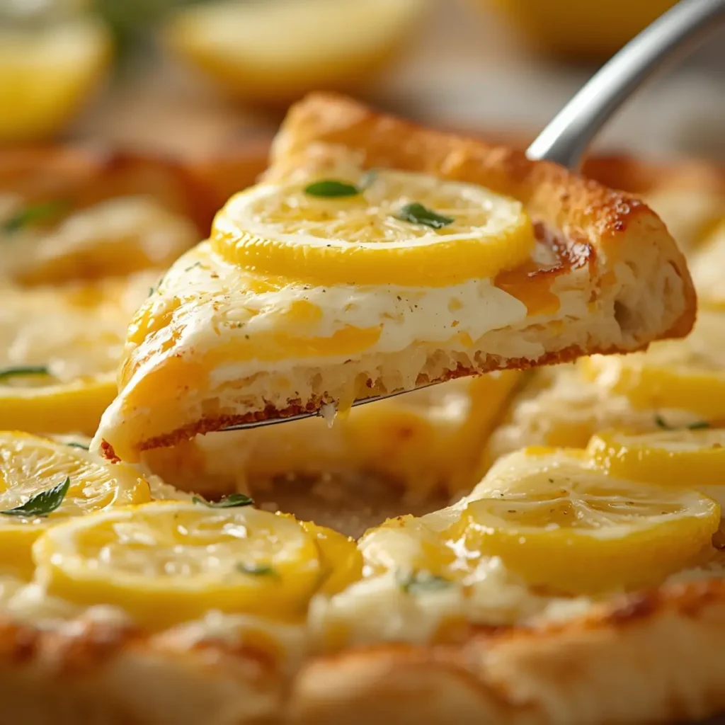 lemon-pizza-cheesy-surprisingly: Crispy lemon pizza with creamy ricotta and melted mozzarella, bright lemon slices on top.