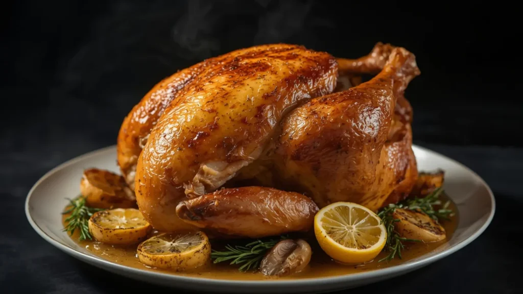 Lemon Roast Chicken: Golden crispy roast chicken with lemon slices and herbs on a platter.