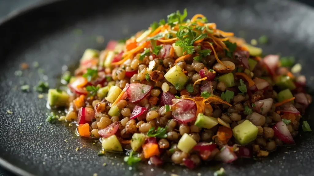 Lentil Salad: Fresh Herby Lentil Salad in a rustic bowl with lemon wedges.