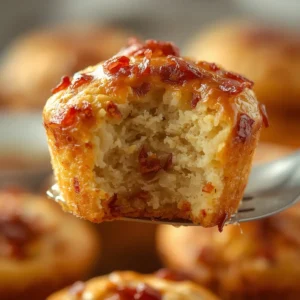 maple-bacon-pancake-muffins: Stack of golden maple bacon pancake muffins with crispy bacon pieces on top.