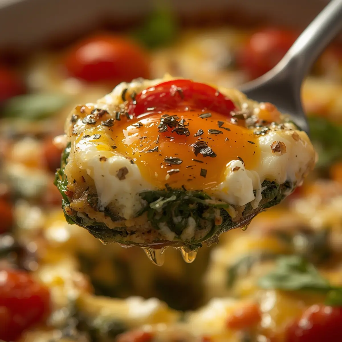mediterranean feta eggs: Mediterranean baked feta eggs with tomatoes, spinach, and creamy feta in a skillet, close-up of golden yolks.