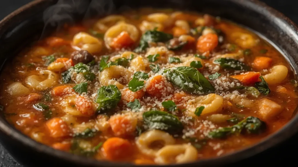 Minestrone Soup: Hearty Minestrone Soup in a bowl with bread. A Healthy & Vegetarian recipe.