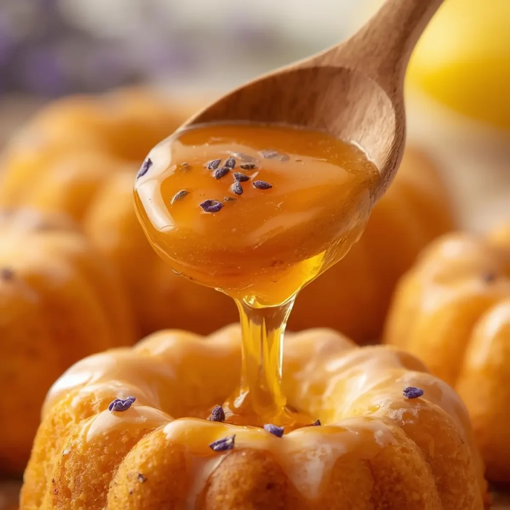 mini lemon cakes lavender glaze: Mini lemon bundt cakes drizzled with lavender honey glaze and fresh lavender sprigs on top.