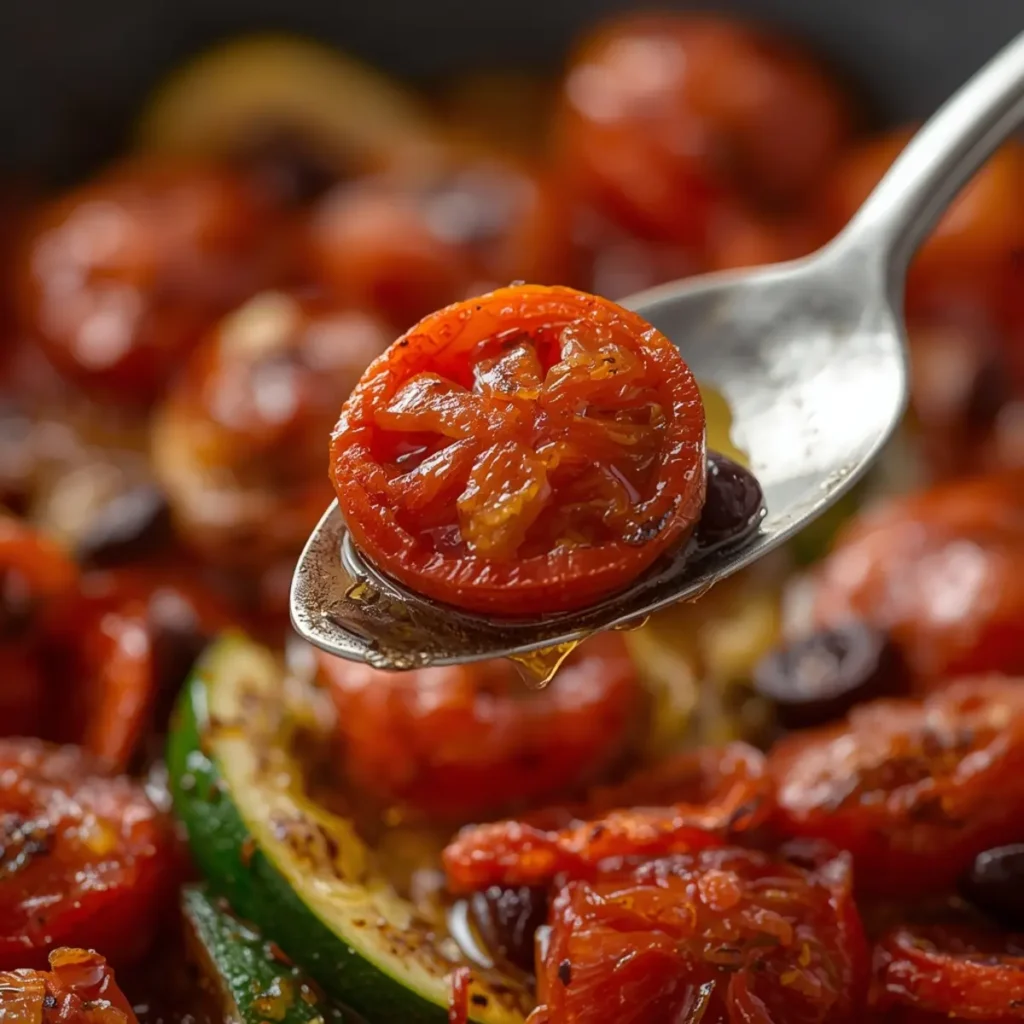 one pan greek vegetables recipe: One pan greek vegetables recipe with roasted tomatoes, zucchini, and peppers, colorful and shiny with olive oil.