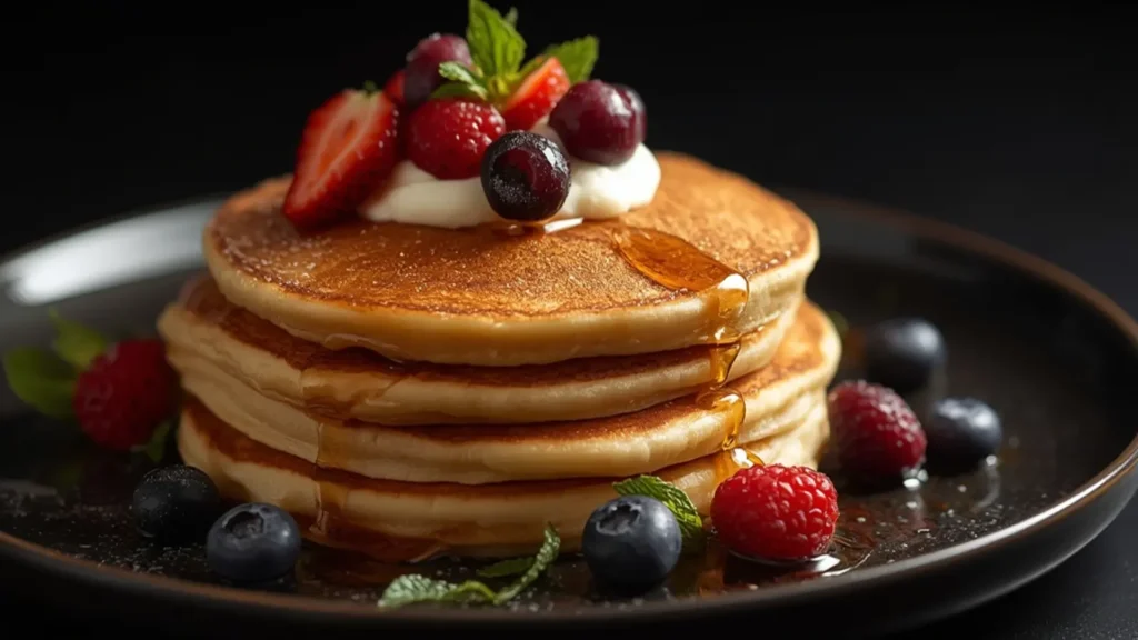 Pancakes for Shrove Tuesday: Fluffy golden pancakes stacked high with syrup for Shrove Tuesday.