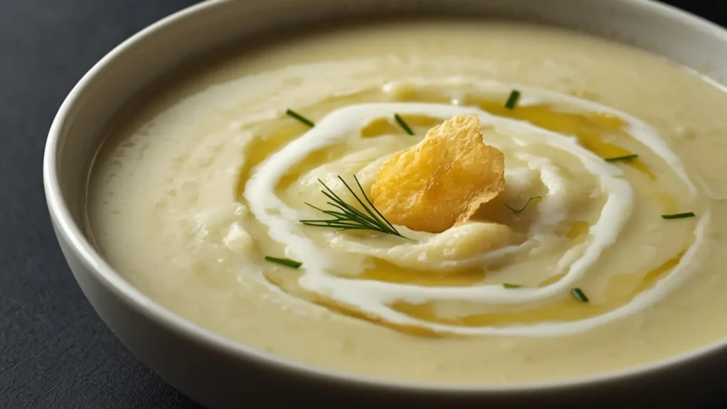 Potato Leek Soup: Creamy Potato Leek Soup in a bowl with garnish for Holiday & Seasonal meals