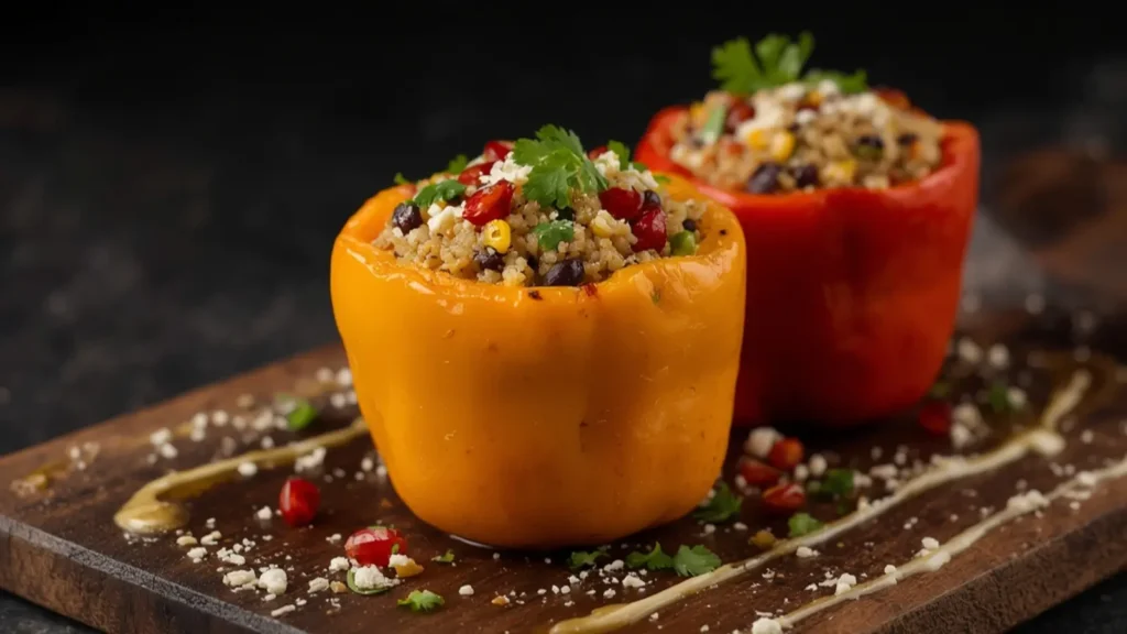 Quinoa Stuffed Peppers: Roasted bell peppers stuffed with quinoa, black beans, and corn topped with melted cheese, a Healthy & Vegetarian meal.