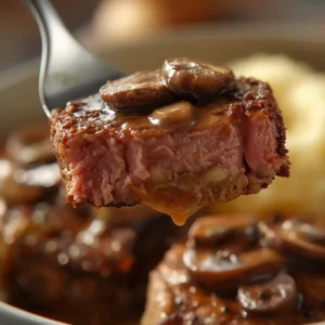 receta cil bistec jugoso con: Juicy steak with creamy mushroom sauce and mashed potatoes, a perfect bistec jugoso con salsa cremosa.