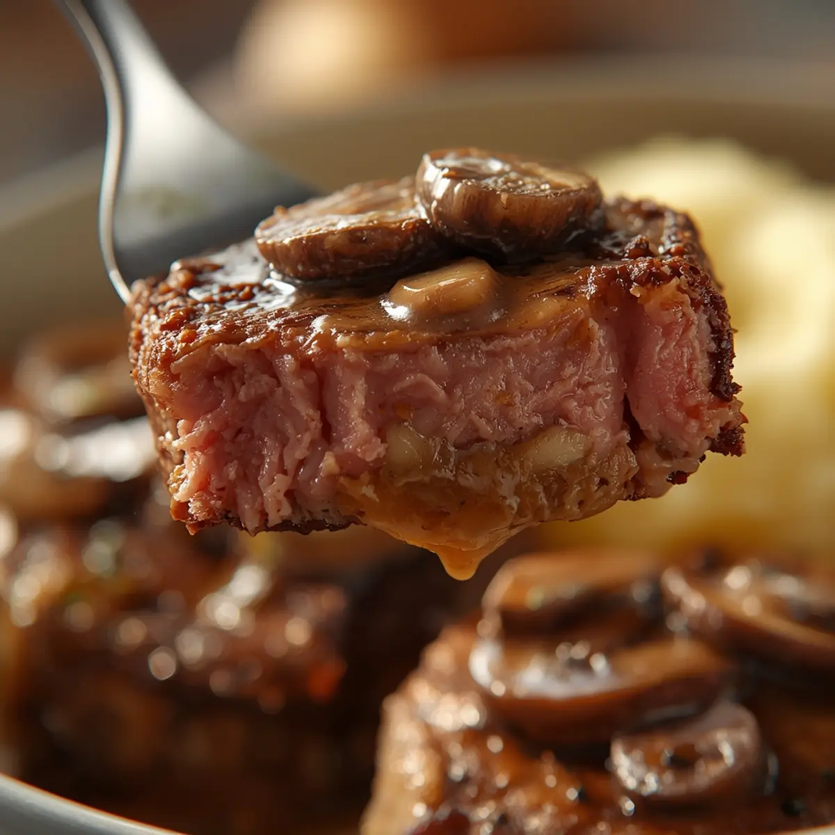 receta cil bistec jugoso con: Juicy steak with creamy mushroom sauce and mashed potatoes, a perfect bistec jugoso con salsa cremosa.
