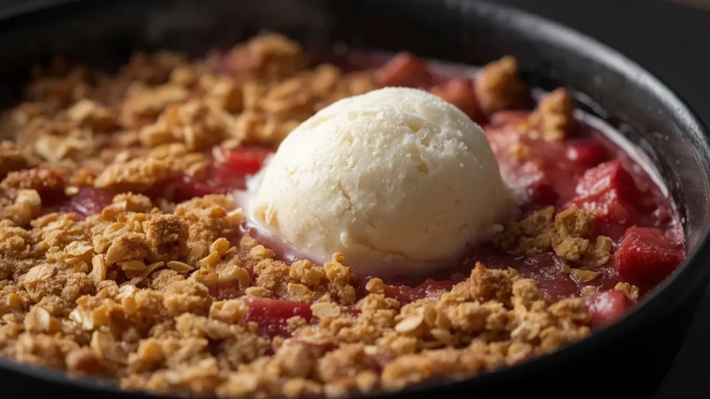 Rhubarb Crumble: Bowl of golden brown rhubarb crumble with oat topping, perfect for holiday desserts.