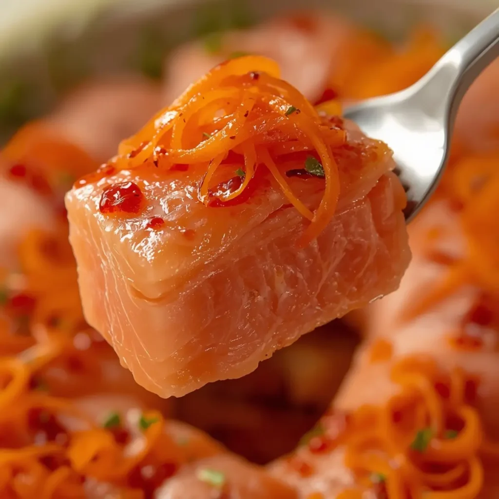 salmon crudo carrots: Raw salmon crudo topped with shaved carrots and chili oil marinade.